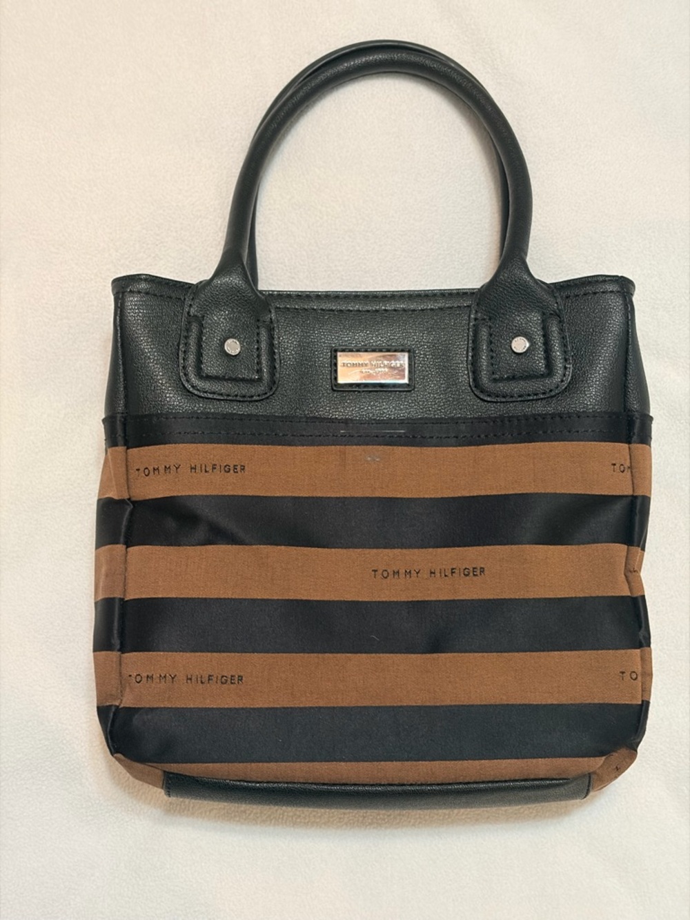 Tommy Hilfiger Black and Brown Striped Small Tote